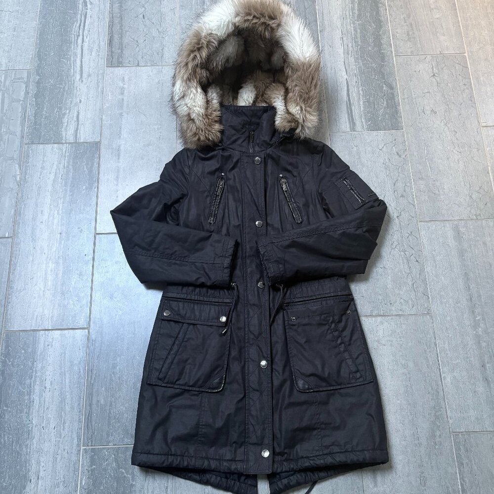 Laundry by Shelli Segal Faux Fur Hooded Parka Coat Black Size Small